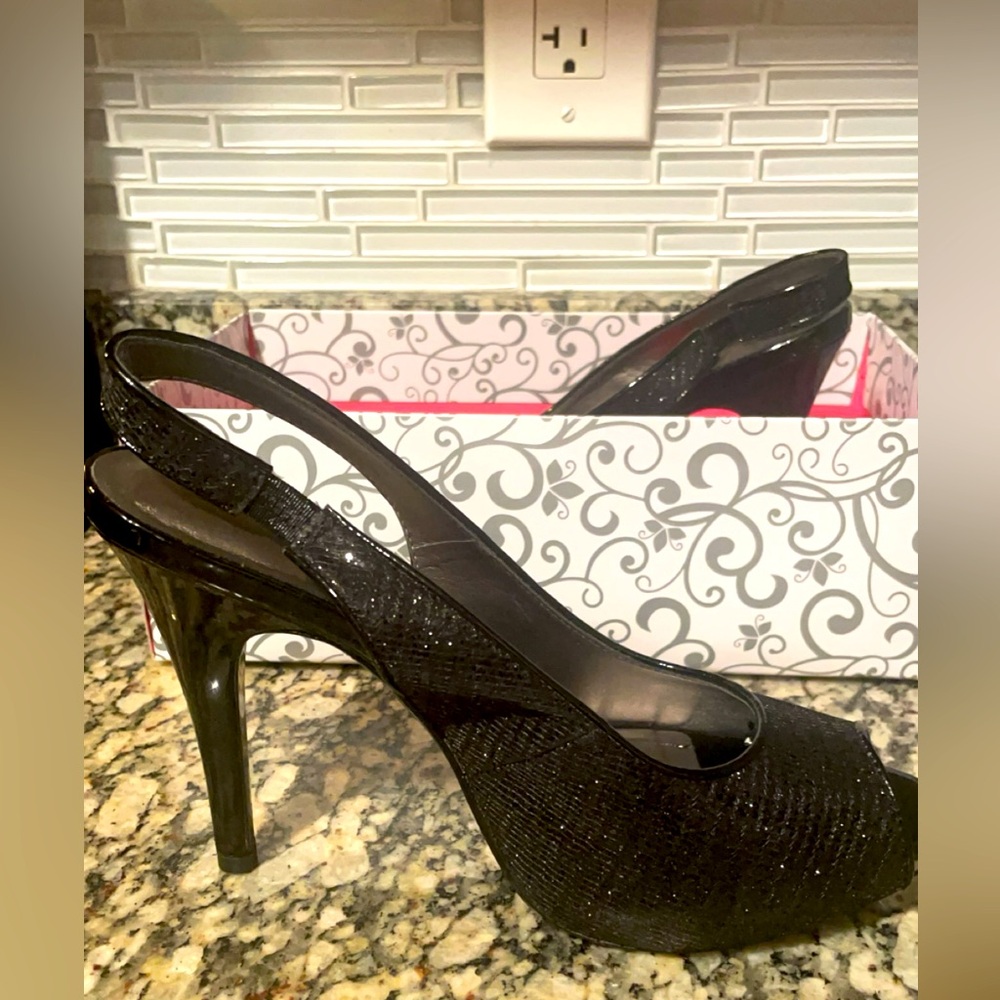 Lulu Townsend black shimmer peep-toe sling-back heels size 9- Great condition!